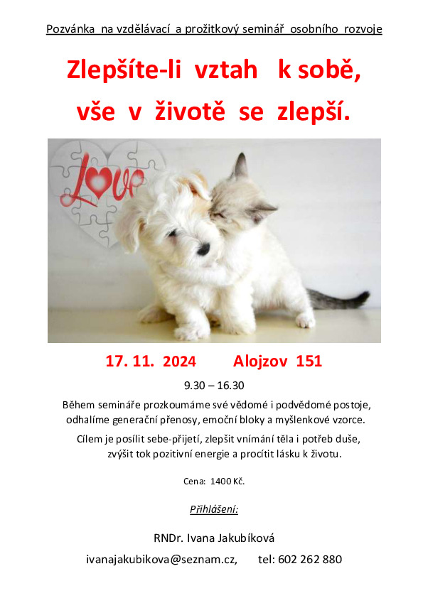 Seminář: Zlepšit vztah k sobě - Alojzov, 8. 11. 2024